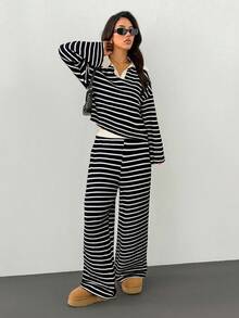 SHEIN PETITE Conjunto de 2 piezas para mujer con camiseta de manga larga de hombros caídos y cuello en V a rayas holgada y pantalones a rayas con cintura elástica, traje de suéter de invierno, otoño/invierno - Multicolor - Ver 3