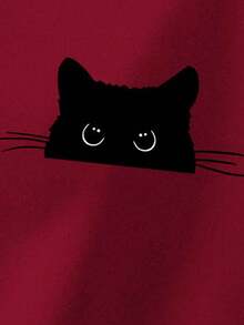 SHEIN EZwear 可爱黑猫偷窥图案休闲简约酒红色圆领加厚宽松长袖卫衣，适合秋冬季新年派对 - 酒紅色 - 查看 3