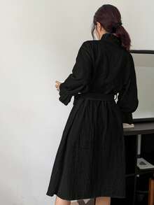 DAZY Romantic Ruffled Hem Long Wrap Around Robe For Women - Black - View 2