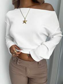 Aloruh Asymmetrical Shoulder Long Sleeve T-Shirt,95% Cotton Pullover,All White,Autumn,Casual,Everyday Basic Style For Women,Vintage Soft Girl Fall Wardrobe - White - View 6