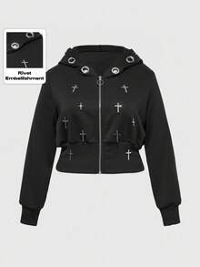 ROMWE Goth Sudadera con gráfico de cruz y decoración de anillo de estilo gótico y de calle de moda para tallas grandes, abrigo de manga larga negro de talla grande para otoño/invierno - Negro - Ver 1