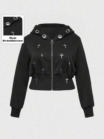 Plus Size Gothic Fashion Street Style Plus Size Ring Decor Cross Graphic Hoodie Sweatshirt, Autumn/Winter Plus Size Long Sleeve Black Outerwear Pullover