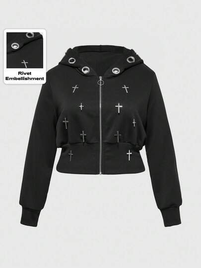 Plus Size Gothic Fashion Street Style Plus Size Ring Decor Cross Graphic Hoodie Sweatshirt, Autumn/Winter Plus Size Long Sleeve Black Outerwear Pullover