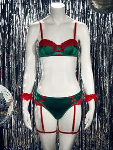 6件圣诞缎面撞色蕾丝钢圈性感内衣套装 - 彩色 - 查看 3