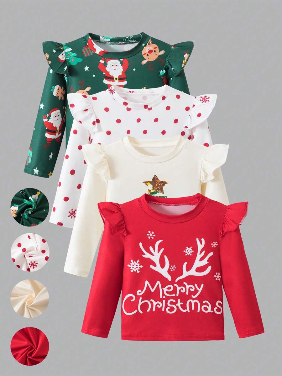 SHEIN 4pcs Merry Christmas Tree Pattern Baby Girls Fashion Tops, Colorful Print, Autumn/Winter - Multicolor - View 1