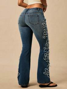 Easelle 女式休闲做旧低腰喇叭牛仔裤 - 藍色 - 查看 2