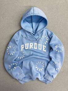 Manfinity Dauomo 时尚街头风格男士字母图案宽松连帽卫衣 - 淺藍色 - 查看 1