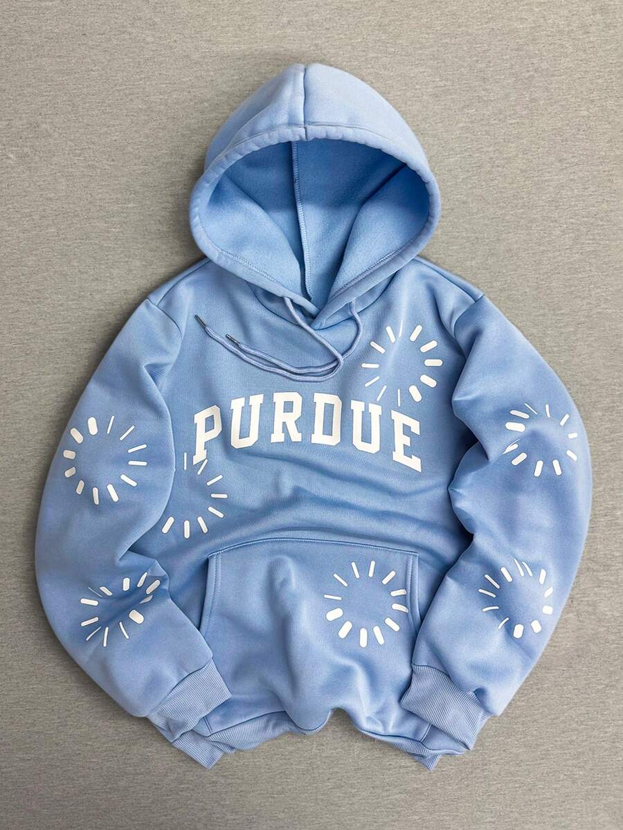 Manfinity Dauomo 时尚街头风格男士字母图案宽松连帽卫衣 - 淺藍色 - 查看 1