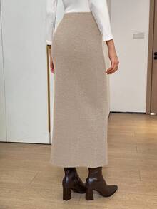 Easowa 优雅长款灯芯绒卡其色半身裙，适合秋冬季穿着