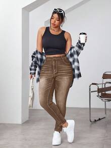 SHEIN EZwear 大码女式高腰口袋紧身休闲百搭牛仔裤 - 棕色 - 查看 6
