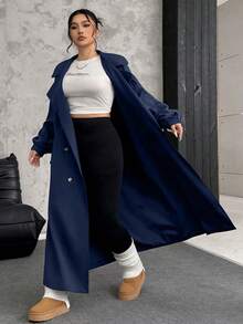 SHEIN EZwear 藏蓝色加大码女式翻领长袖长款风衣，适合秋冬季节、圣诞节、新年、感恩节、派对、婚礼、海滩、毕业典礼、时尚、优雅、休闲、外出、约会、预约、通勤等场合。 - 藏蓝色 - 查看 6