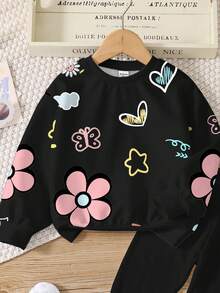 SHEIN Leap Crew 2pcs Tween Girls Casual Floral & Cartoon Character Print Crew Neck Long Sleeve Sweatshirt And Leggings Set, Suitable For Autumn/Winter - Multicolor - View 4