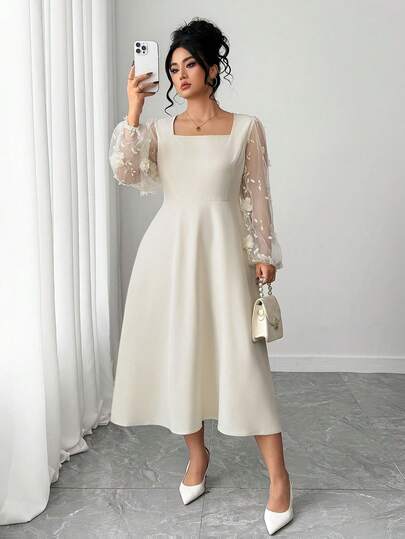 SHEIN Elenzya Plus Size Square Neck Floral Sleeve Patchwork Elegant Dress