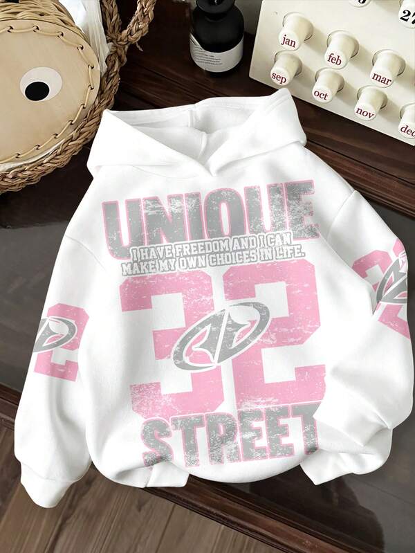 Casual Street Style Tracksuit, Sports Style Pink Numeric Placement Print Pattern, American Retro Sweet, University Campus Vibe, Net Celebrity Chic, College Stylish Relaxed Vibe, Fashion Print, Autumn/Winter Atmosphere, High-End Vibe Outfit, Tracksuit, Teen Girls Casual Minimalist Loose Comfortable Hooded Loose Sweatshirt Suitable For Autumn/Winter