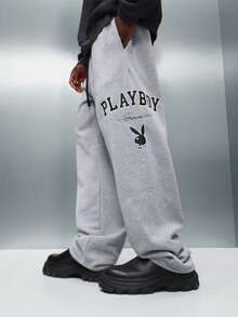 PLAYBOY X SUMWON Relaxed Fit Wide Leg Sweatpants With Drawstring Waist For Casual Streetwear Comfort - Light Grey - View 2