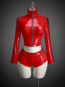 SHEIN ICON Women's Halloween COS Contrast Color Cropped Jacket And Shorts Set, Christmas - Red - View 9