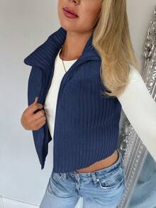 SHEIN LUNE Navy Blue Corduroy Quilted Padded Outerwear Vest For Women,High Collar Folding Collar Textured Fabric Casual Autumn Occasion Winter Fall Clothes - Dusty Blue - View 7
