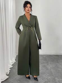 SHEIN Elenzya Bộ đồ liền thân tay dài ve áo thanh lịch cỡ lớn dành cho nữ - xanh quân đội - Xem 7