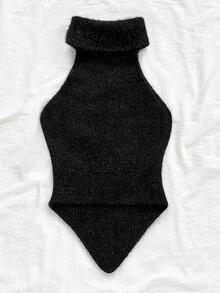 Soleia Casual High Neck Sleeveless Asymmetrical Hem Fitted Knit Vest Cute Black Top Black Body Suit - Black - View 2