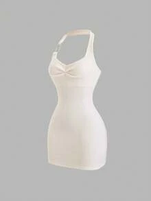 Sweetra Rochie de seară vintage sexy, slim fit, asimetrică, cu bretele metalice, mulată, pentru petrecere/întâlniri, toamnă/iarnă - alb - Vizualizare 4