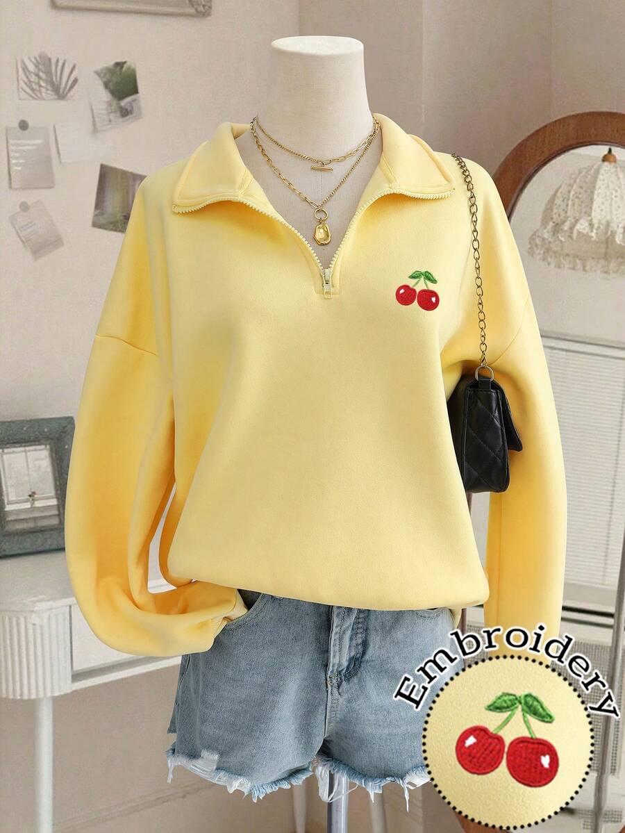 Lalippa Women's Cherry Embroidery Polo Neck Long Sleeve Warm Sweatshirt - Yellow - View 1
