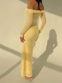 Aloruh Vestido elegante de manga larga ajustado con hombros descubiertos y pliegues de unicolor de largo medio para mujer - Amarillo - Ver 3