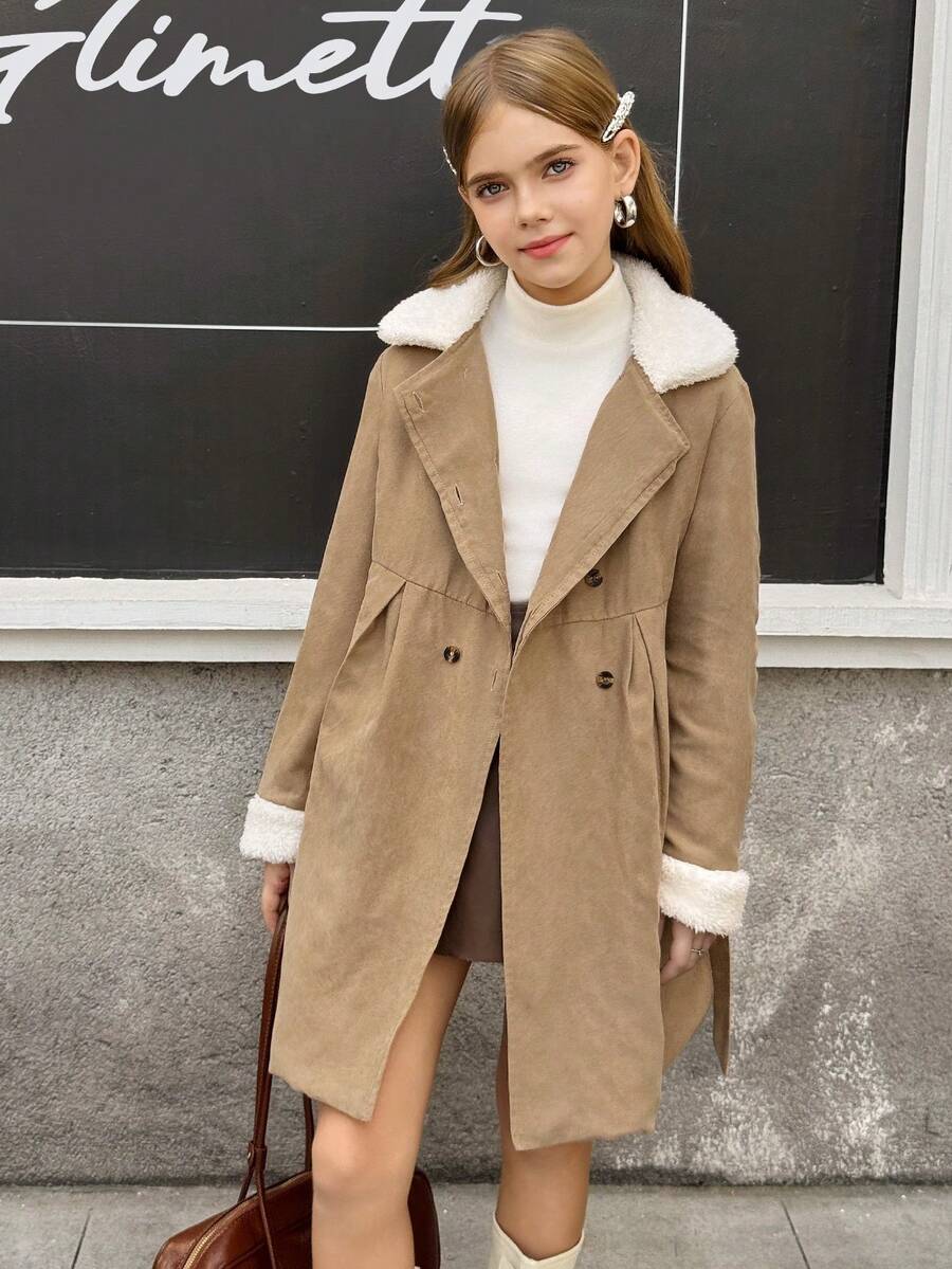 SHEIN 女童仿毛领双排扣腰带毛绒风衣，秋冬 - 彩色 - 查看 1