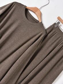 Rusticease 女士休闲抽绳上衣和裤子两件套 - 棕色 - 查看 3