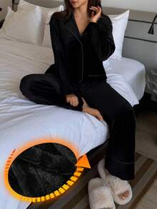 DAZY Women's Plush Contrast Trim Design Fluffy Cozy Pajama Set, Winter - Black - View 3