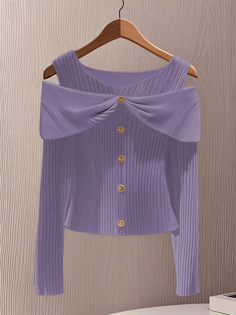 GlowEve Women's Elegant Commuter Solid Color Off-Shoulder Front Button T-Shirt - Purple - View 1