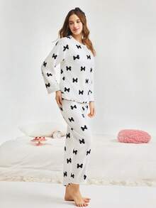 Bonmuse 珊瑚绒格子蝴蝶结睡衣套装（2件套），冬季睡衣，简约印花睡衣套装，两件套，秋冬服装