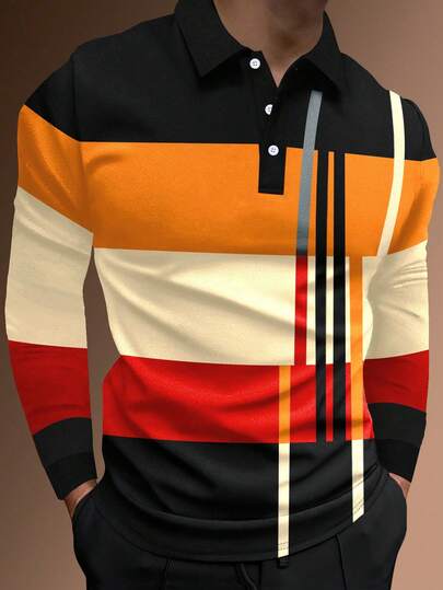 Manfinity Homme Camisa polo de hombre con bloqueo de color y patrón de rayas, manga larga, para otoño