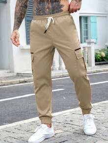 Manfinity Homme 男士成熟街头松紧腰抽绳工装裤 - 卡其色 - 查看 6