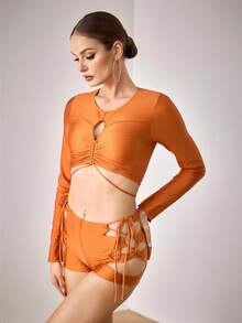 Menodora SHEIN Sport Women's Round Neck Sleeveless Short Hollow-Out Fashionable Top And Shorts, Other Dance Wear For Pole Dance