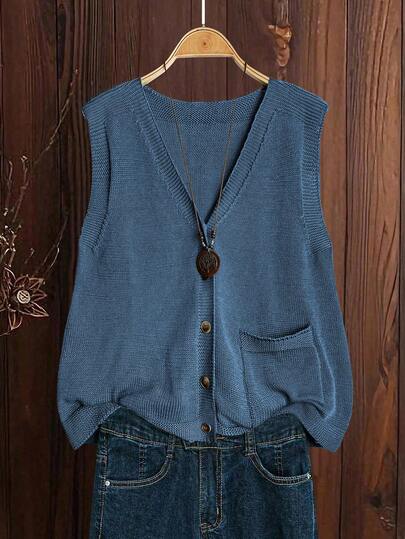 SHEIN JORESS Plus Size Women Solid Color Knitted V-Neck Button Sleeveless Casual Pullover Vest, Spring/Autumn