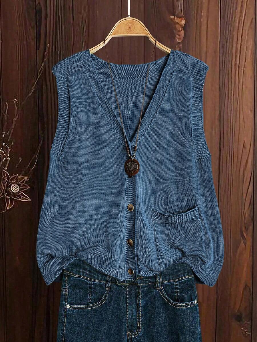 Linhara 大码女式纯色针织 V 领纽扣无袖休闲套头背心，春/秋 - 藍色 - 查看 1