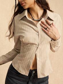 Easelle 卡其色条纹编织衬衫（女款，腰部系带） - 卡其色 - 查看 4