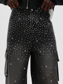 SUMWON Sparkle Rhinestone Extreme Wide Leg Cargo Jeans With Celestial Star Print Design For Festival Party Club - Grey - View 8