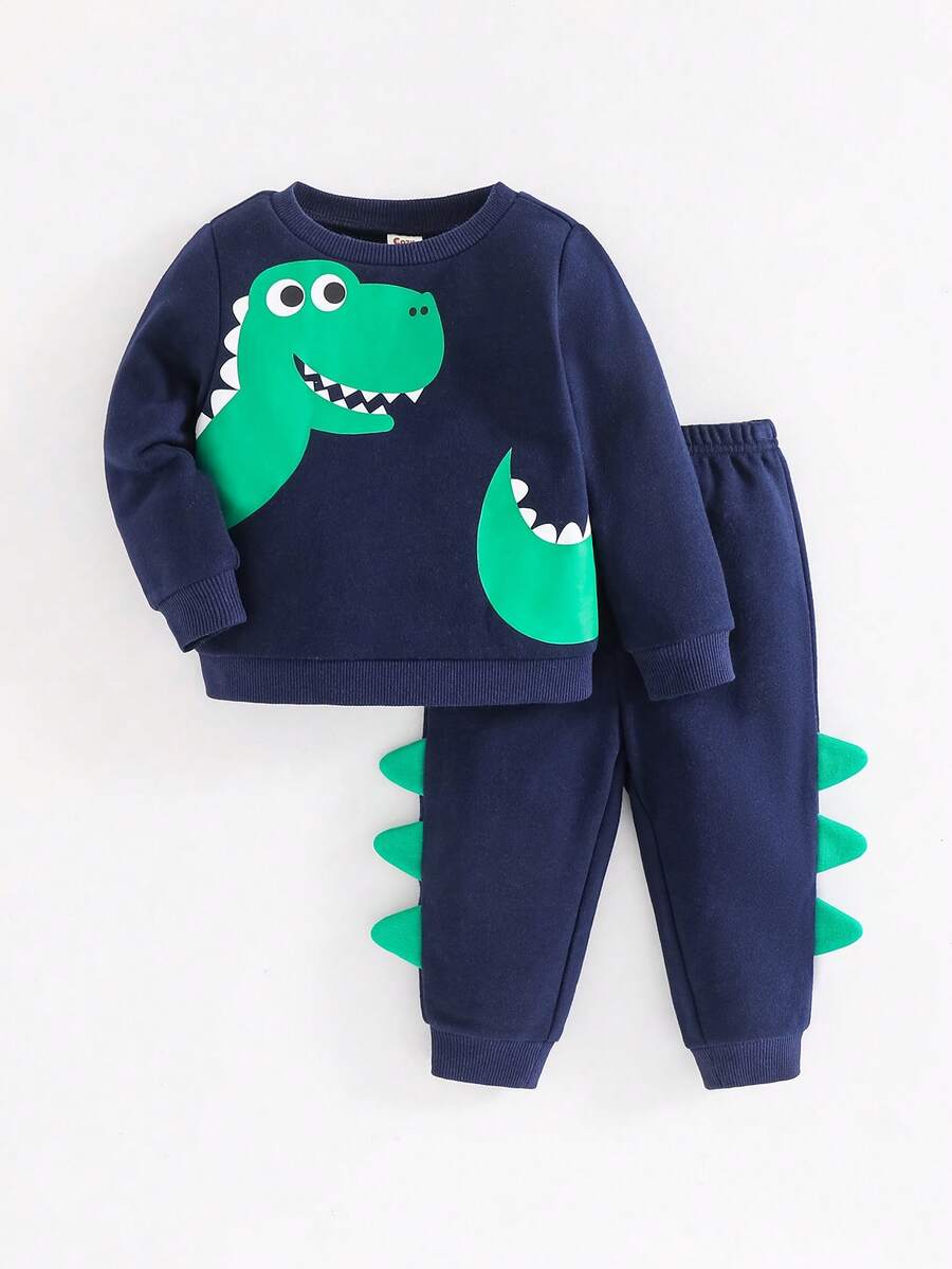 Cozy Pixies 2pcs Baby Boy Cute Alligator Print Round Neck Drop Shoulder Sweatshirt And Pants Set - Navy Blue - View 1