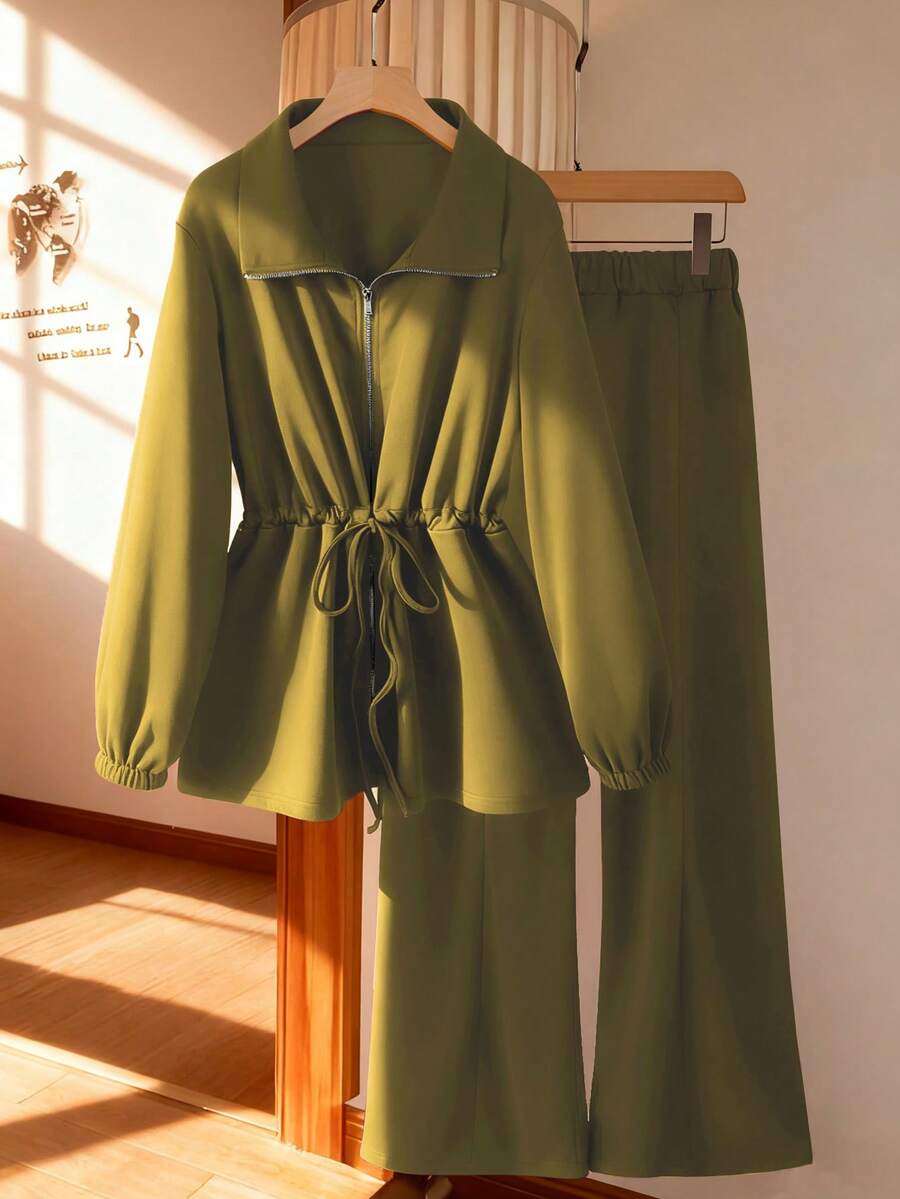 GlowEve Women's Basic High Collar Cinched Waist Zip-Up Casual 2 Pieces Set - Green - View 1