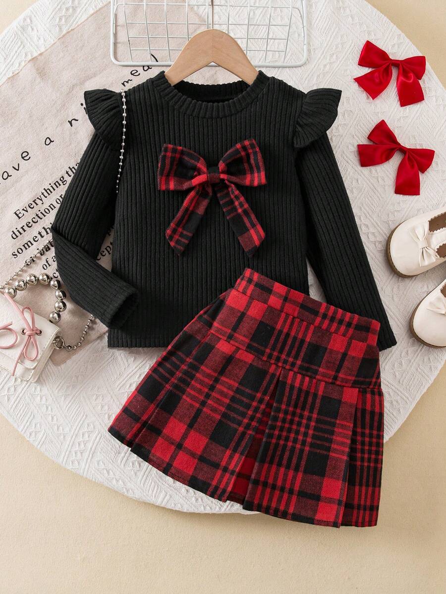 Elladie kids Toddler Girls Casual Sweet Knitted Bow Decor Ruffle Hem Long Sleeve Top + Elastic Waist Pleated Skirt, Suitable For Daily Wear, Casual Outing