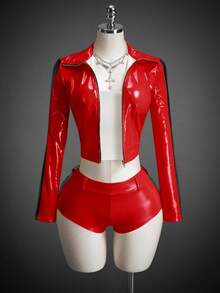 SHEIN ICON Women's Halloween COS Contrast Color Cropped Jacket And Shorts Set, Christmas - Red - View 8