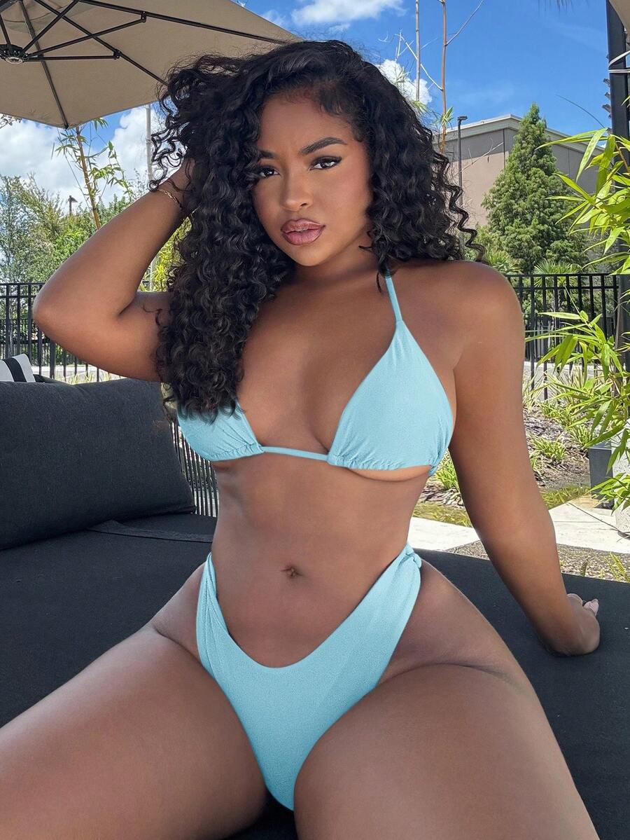 Alexandranx Bộ bikini trơn màu cho nữ đi biển/đi nghỉ hè - Màu xanh nhạt - Xem 1