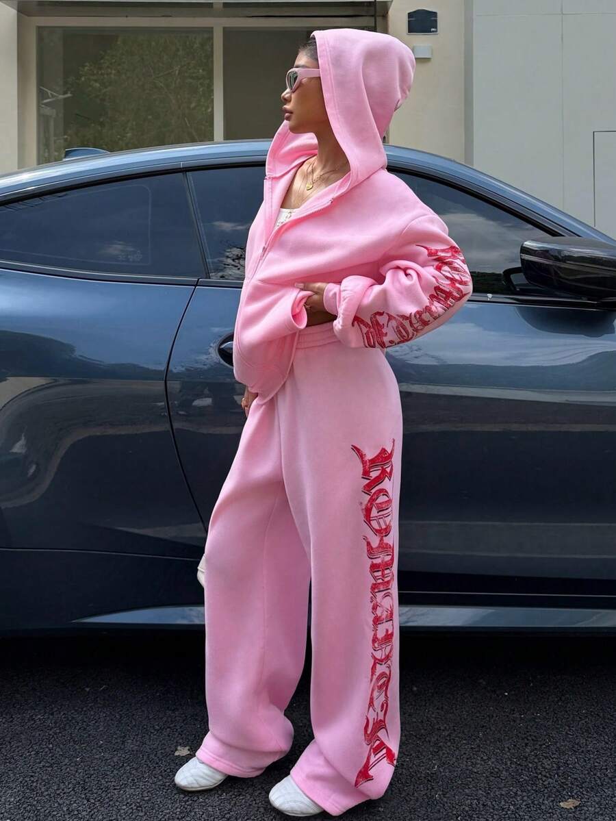 SHEIN EZwear Bộ 2 áo len dài tay có mũ trùm đầu màu hồng cho nữ kèm quần dài - Hồng - Xem 1
