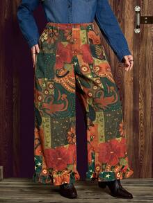 大码牛仔度假风荷叶边阔腿裤 - 彩色 - 查看 3