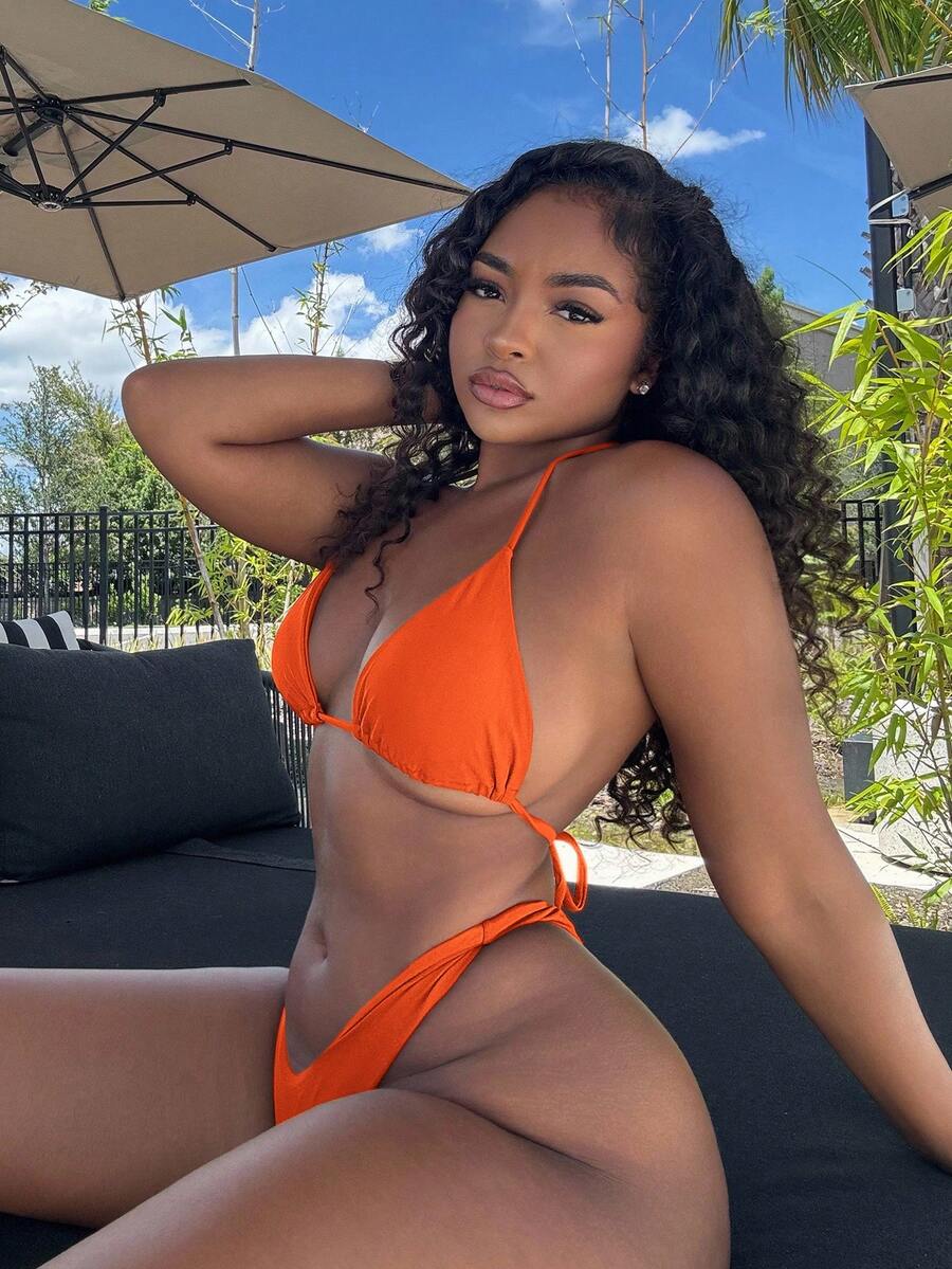 Alexandranx Women's Solid Color Halter Neck Tie Two Pieces Bikini Set Bathing Suit For Summer Beach - Orange - View 1