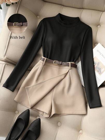  Franclia Casual Stylish And Versatile For Commuting Leisure Black Half-High Round Neck Knitted Elastic Base Long-Sleeved T-Shirt Women's Tops With Khaki Shorts Skirt Hakama Short Trousers With Belt Spring And Autumn Women's Two-Piece Set Women 2-Piece Suit Set Women's Casual Suit Autumn Pants Suit Women's Autumn Outfit Combinations Fall Clothes For Women Women's Set Autumn And Winter Matching Sets Autumn Shorts Suit Women's Winter Suit Ladies Graduation Suit Stylish Women's Suits