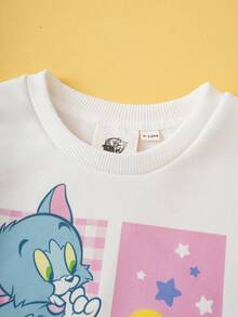 TOM & JERRY X SHEIN 2 件套女婴可爱卡通图案印花圆领长袖运动衫和波尔卡圆点运动裤针织休闲套装