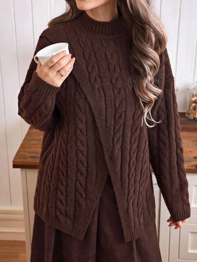 Louniche Elegant Brown Twist Rope Criss-Cross Design Knit Pullover Long Sleeve Sweater For Women, Suitable For Commuting, Autumn/Winter
