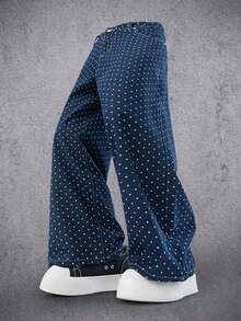 Manfinity Denimwave Men's Streetwear Polka Dot Loose Fit Casual Wide Leg Pants Baggy Washed Blue Party College Distressed Jeans For Unisex Polka Dot Pants - Dark Wash - View 1